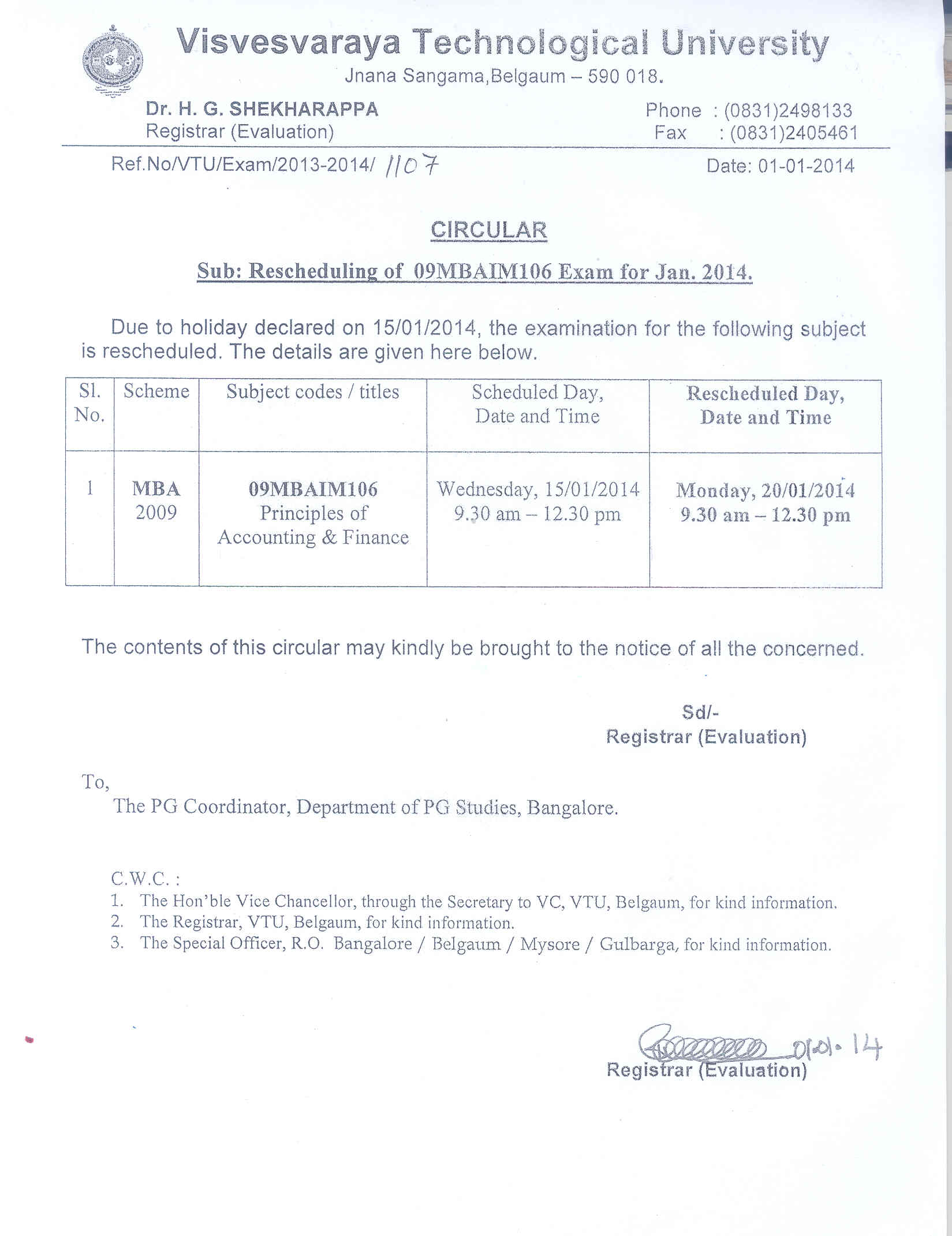 Visvesvaraya Technological University Exam Time Tables 2019